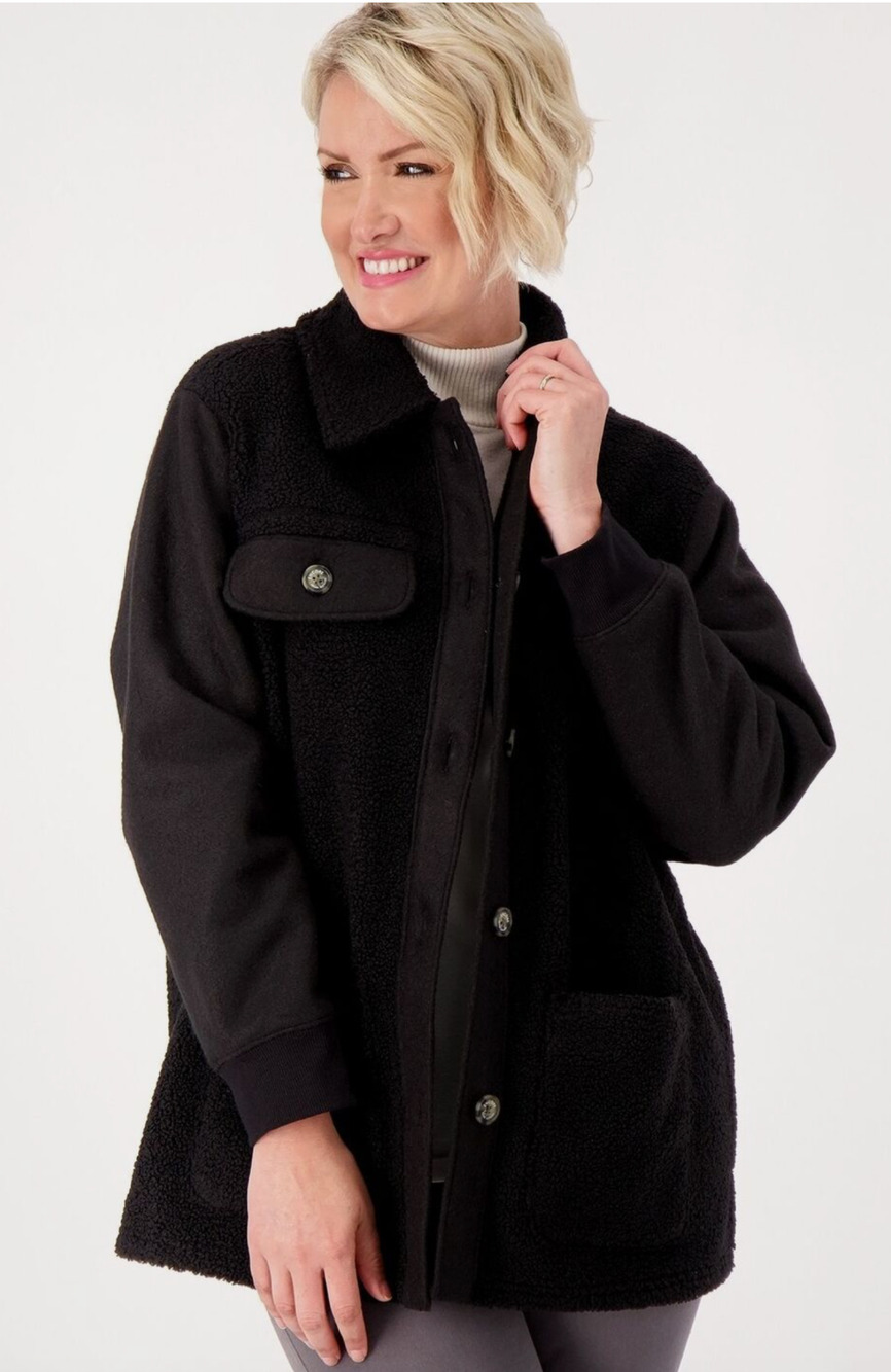 Encore By Idina Menzel Womens Black Button Up Sherpa Jacket Long Sleeve Size S